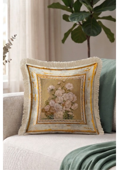 Vintage Çiçek Eskitme Çerçeveli Saçaklı Yastık Kılıfı - Avangart Floral Bej Püsküllü Kırlent Kılıfı Yalın Yörünge Opal Vintage Çiçek Eskitme Çerçeveli Saçaklı Yastık Kılıfı - Avangart Floral Bej Püsküllü Kırlent Kılıfı Yalın Yörünge Opal