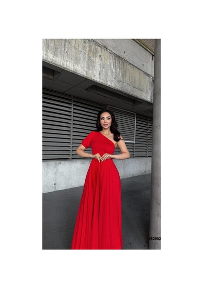 DefyModa Kadın İnce Krep Kumaş Tek Omuz Pile Detaylı Abiye Elbise Kırmızı