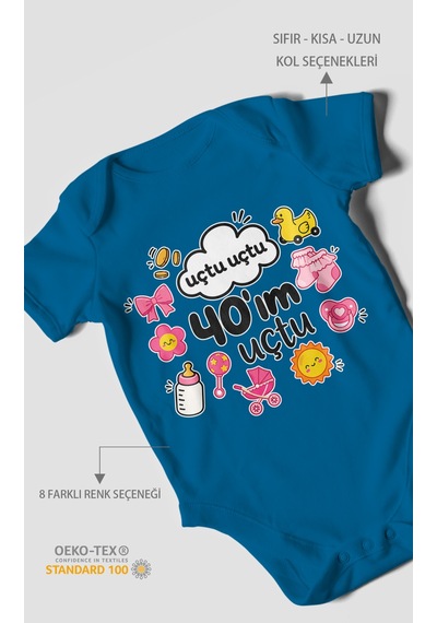 Morivokids Uçtu Uçtu 40'ım Uçtu Kısa Kollu Bebek Body %100 Pamuk Koyu Mavi