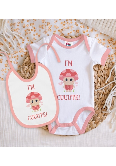 Bk Kids I'm Cute Tasarımlı Pembe Bebek Body Zıbın Ve Mama Önlüğü Hediye Seti-1 Çok Renkli