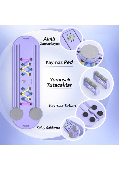 Zamanlayıcılı Akıllı Pilates Tahtası - Çok Fonksiyonlu Ev Tipi Full Body Fitness Ve Şınav Seti Mor