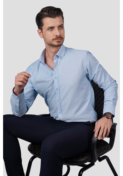 Açık Mavi Yaka Düğmeli Premium Şamre Slimfit Erkek Gömlek Açık Mavi