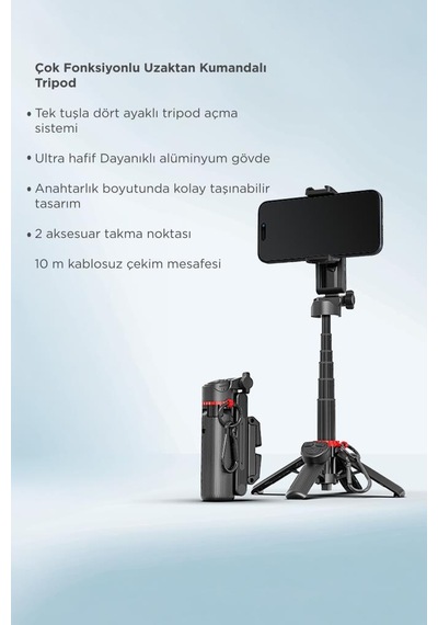 Tripod Çok Amaçlı 360 Derece Kumandalı Selfie Çubuğu L10 Siyah