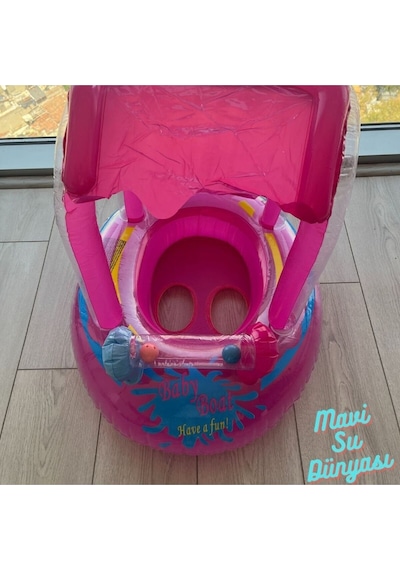 Gölgelikli Pembe Renk Bebek Deniz Simidi, Bebek Havuz Simidi, 0-3 Yaş 71cm 60cm