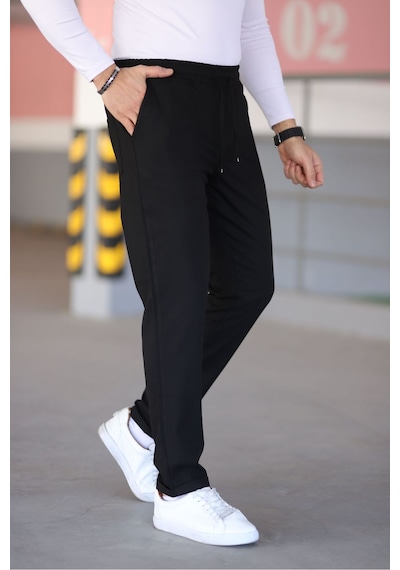 Bürke Erkek Siyah Renk Beli Lastikli Bağcıklı Esnek Fitted Jogger Pantolon Kumaş Pantolon