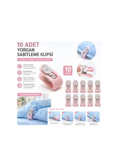3b Trend 10 Adet Yorgan Sabitleme Klipsi Nevresim Yorgan Kaydırmaz Battaniye Çarşaf Sabitleyici Pembe