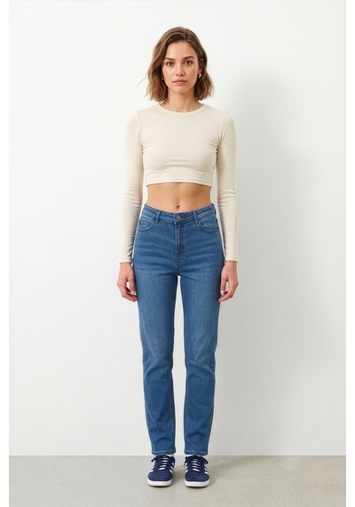 Bluew White Kadın Mavi Yüksek Bel Slim Fit Likralı Jean Pantolon