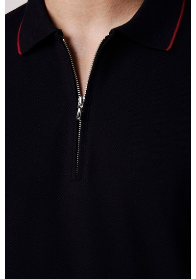 Tudors Erkek Slim Fit Dar Kesim %100 Pamuk Düz Pike Fermuarlı Siyah Polo Yaka Tişört-27685 Siyah