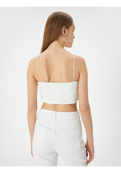 Koton Pullu Payetli Askılı Abiye Üst Crop Slim Fit Kırık Beyaz 4sak30010fk Ekru