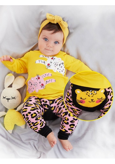 Denokids Leopar Kız Bebek T-shirt Tayt-Pantolon Takım Çok Renkli