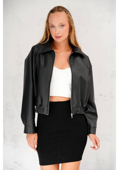 02lady Fashion Oversize Yeni Sezon Bomber Deri Ceket Siyah Siyah