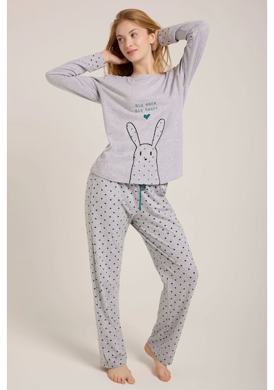 Kadın Gri Tavşan Baskılı Pijama Takımı Gri