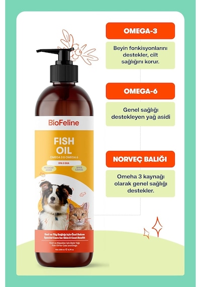Biofeline Fish Oil Ve Omega 3 Ve 6 İçerikli Balık Yağı Ve Kedi Ve Köpekler İçin Tüy Ve Genel Zindelik Tamamlay