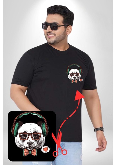 Angemiel Kulaklıklı Hipster Portre Panda Siyah Büyük Beden Kadın Basic Minimal Baskılı Tişört Siyah