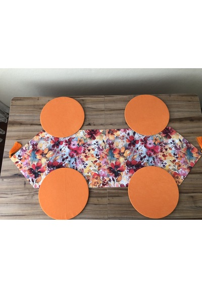 Keten Efektli Soyut Çiçekler Desenli Runner & Supla Çok Renkli