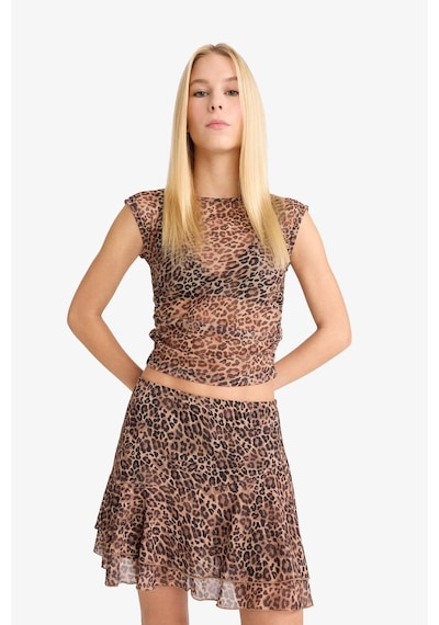 Defacto Coool Normal Bel Penye Astar Leopar Desenli Tül Mini Etek G1167ax25aubg362 Bej
