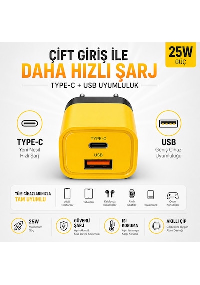 25w Hızlı Şarj Adaptörü Type-c + Usb Çift Girişli Akıllı Şarj Başlığı Kompakt Tasarım