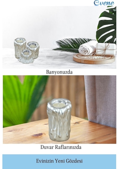 Mumluk Şamdan 3 Adet Tealight Uyumlu Üçlü Tüm Boylar Erimiş Mum Model - Gümüş