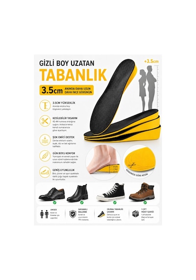 3.5 Cm Gizli Boy Uzatıcı Tamboy Tabanlık - Şok Emici Konforlu Ortopedik Ayakkabı Pedi