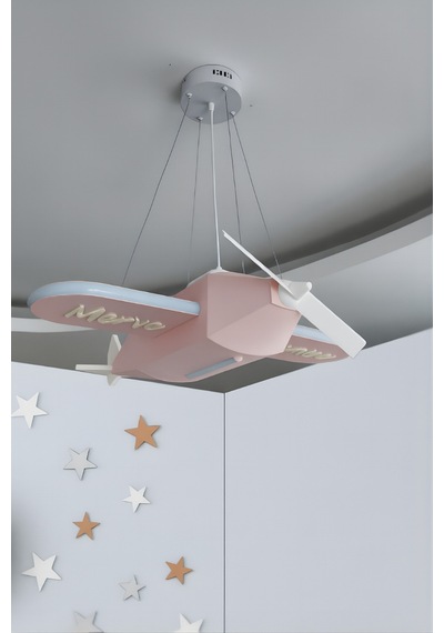 Uçak Temalı Led Çocuk Odası Sarkıt Avize 70x80 Kişiye Özel , El Yapımı Görünüm Pastel Pembe Pastel Pembe