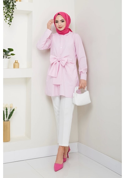 Çizgili Poplin Bağlamalı Gömlek - Pudra / Ü103 Pudra