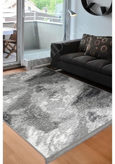 Tr Delüxe Antrasit Saçaklı Siyah Taban Yeni Kabartmalı Model Salon Halısı, 120x180 Diğer