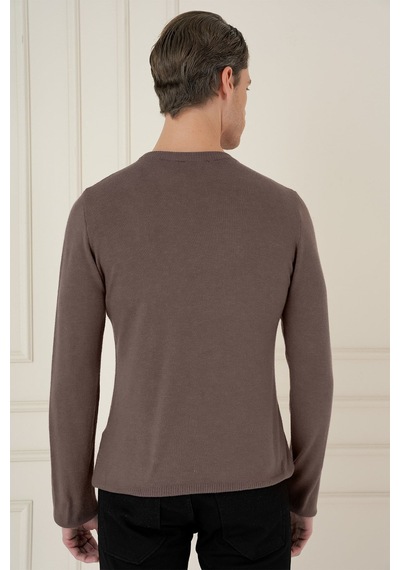 Slim Fit Ribanalı Düz Vizon Yünlü Bisiklet Yaka Triko Kazak Tr 900