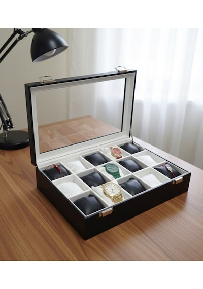 Premium 15 Yuvalı Tamamen Deri Kaplama Cam Kapaklı Şık Tasarım Saat Saklama Kutusu Ebat 34x24x8 Cm Siyah - Beyaz