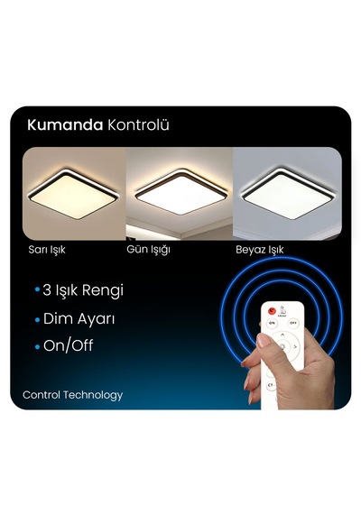 Siyah Kare Kumandalı Dimli 3 Işık Renkli 60x60cm Led Tavan Lambas Siyah