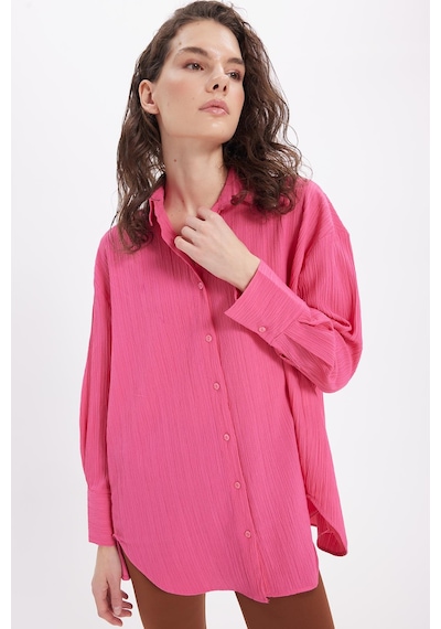 Tudors Kadın Oversize Geniş Kesim Bürümcük Pens Detaylı Uzun Kollu Dokulu Pembe Gömlek-38810 Pembe