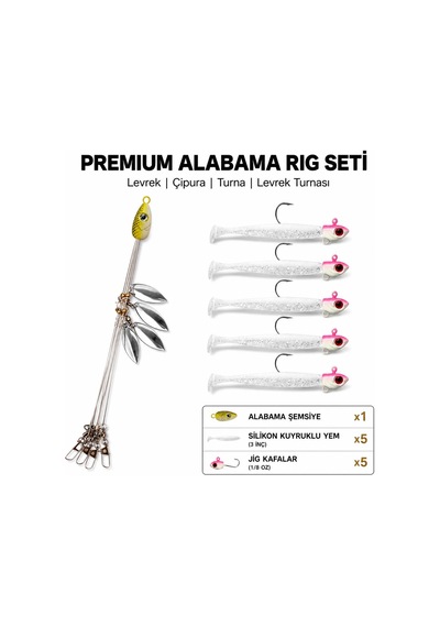 Valkyrie Alabama Rig Seti 1 Şemsiye 5 Jig Kafa 5 Silikon Yem Hazır Turna Levrek Avı Spinner Rig Takımı
