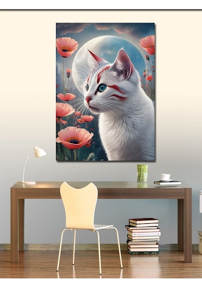 Kanvas Tablo Kedi Dolunay Ve Gelincik Çiçekleri 100cmx140cm
