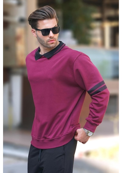Madmext Bordo Polo Yaka Oversize Kolu Şeritli Erkek Sweatshirt 7048-bordo Bordo
