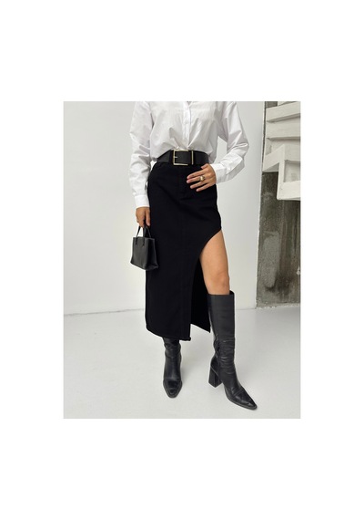 Kene Jeans Yüksek Bel Siyah Uzun Ön Parçalı Asimetrik Kot Etek Siyah