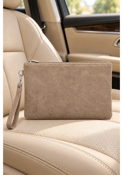 Adelina Bags Süet Portföy El Çantası Bilek Askılı Astarlı Vizon Clutch Çanta
