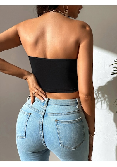 Liona Kadın Siyah Straplez Crop Top Bluz 001