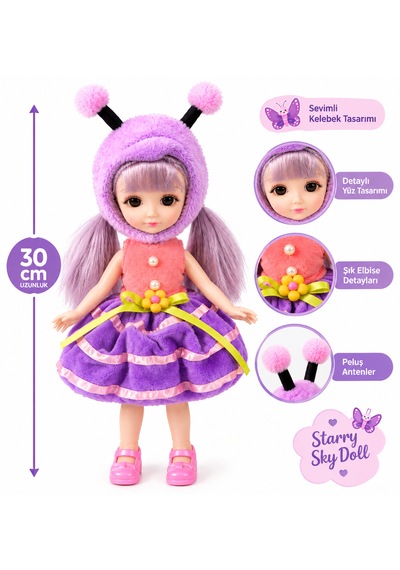 Starry Sky Doll Kelebek Kostümlü Bebek 30 Cm Mor Saçlı Peluş Şapkalı Oyuncak Bebek 3+ Yaş