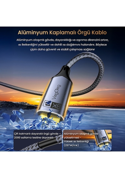 Veggieg Type-c To Dp Kablo 8k 60hz 4k 240hz Hdr Arc 48gbps Örgülü Çift Yönlü Görüntü Kablosu 1 Metre