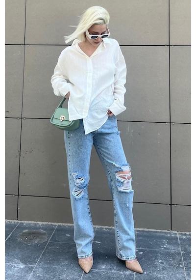 Madmext Beyaz Uzun Kollu Çizgili Oversize Gömlek Mg2080-beyaz Beyaz