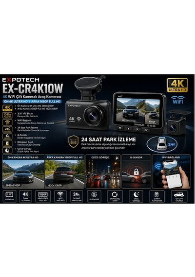 Expotech Ex-cr4k10w 4k Wifi Çift Kameralı Araç Kamerası 3.16 Ekran Ön 4k Arka 1080p 24 Saat Park Izleme