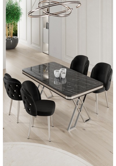 Canisa Rigel Serisi 80x130 Lak Panel Siyah Mermer Desen Masa Takımı Krom Ayaklı 4 Siyah Sandalye Masa Siyah Mermer Desen Sandalye Siyah Canisa Rigel Serisi 80x130 Lak Panel Siyah Mermer Desen Masa Takımı Krom Ayaklı 4 Siyah Sandalye Masa Siyah Mermer Desen Sandalye Siyah