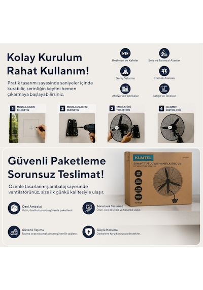 Kumtel Hdf-200 Siyah 26 İnç Sanayi Tipi Duvar Vantilatörü, 3 Pervaneli, 3 Kademeli