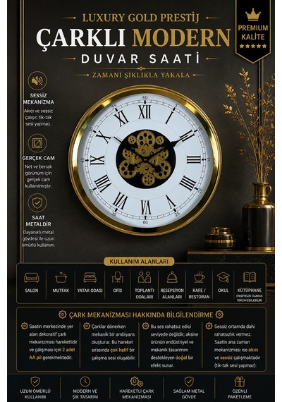 Luxury Gold 60 Cm Çarklı Duvar Saati
