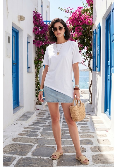 Lela Pamuklu Yanı Büzgülü Asimetrik Kesim Bisiklet Yaka T Shirt Bayan T Shirt 5867017 Beyaz