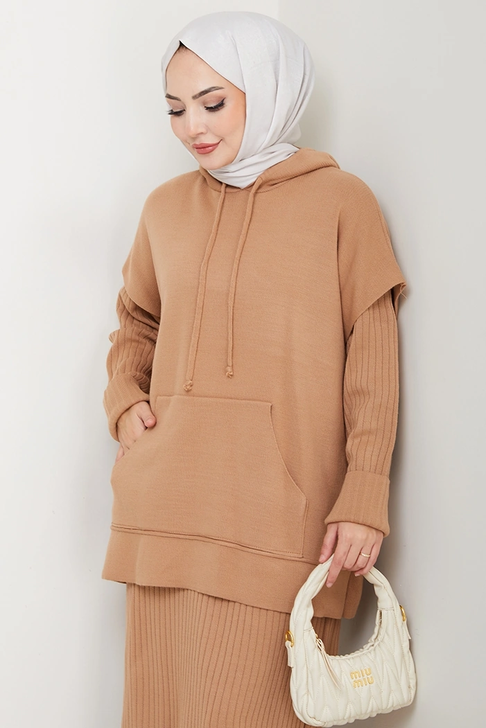 Bestenur Kapüşonlu Tunik Elbise Triko Takım 1645 - Vizon Vizon