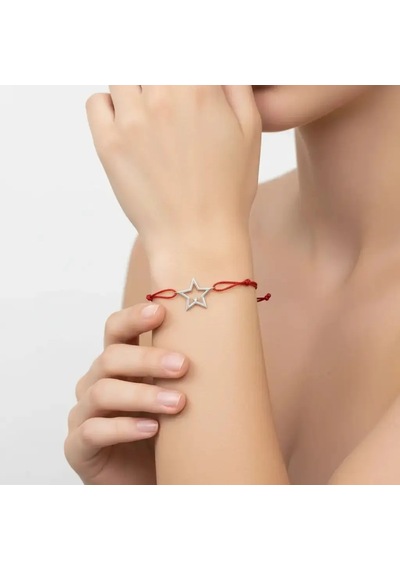 G&a Jewels - Yıldız - 925 Ayar Gümüş 0.01ct Pırlanta Taşlı Kırmızı İpli Bileklik Gümüş - Kırmızı