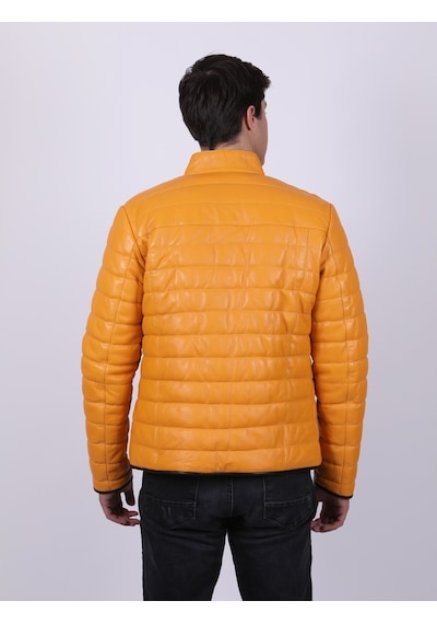New Zaya Leather Erkek Şişme Sarı Deri Ceket Sarı