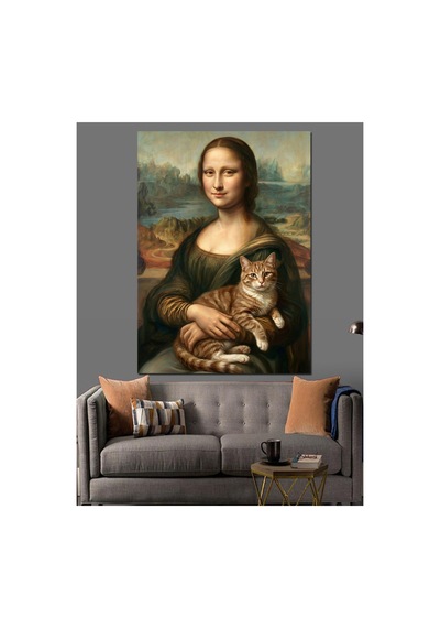Kedili Mona Lisa Ünlü Ressam Yağlı Boya Dokulu Kanvas Tablo Canvas Tablosu