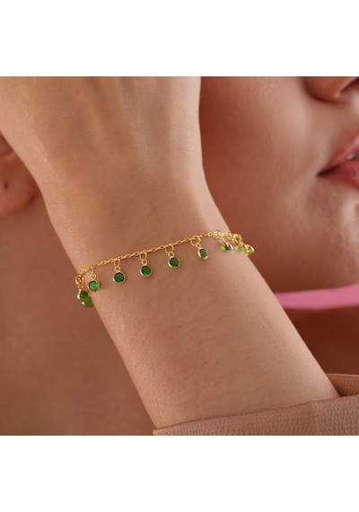 Queen Silver Jewelry 925 Ayar Gümüş Ful Sallantılı Yeşil Renk Geçişli Bileklik Altın