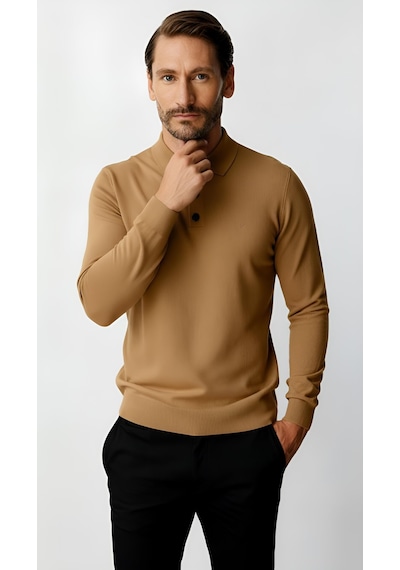 İgs Bej Standart Fit Dar Kalıp Polo Yaka Düz Uzun Kollu Triko-21901 Bej